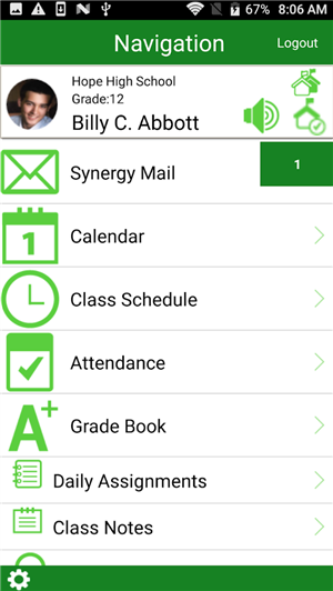 StudentVue menu screen showing Calendar, Class Schedule and more
